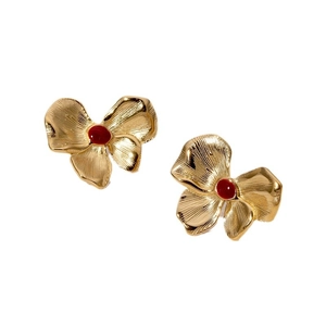 Boucles d'oreilles nœud en acier inoxydable plaqué or 18 carats avec centre rouge