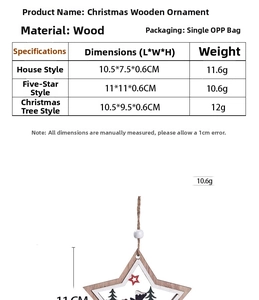 Detailed size specifications for wood star, house, and tree Nativity scene ornaments