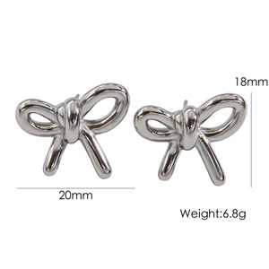 Silver bow-shaped V-pendant stud earrings for women with detailed size and weight specs
