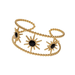 Vintage hollow sunflower gold cuff bracelet with black drip oil sunburst star design