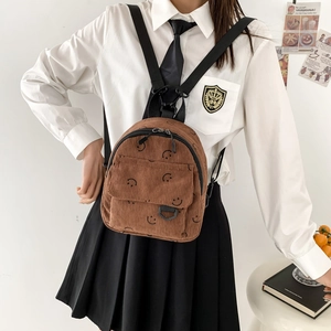 Mini-Rucksack aus braunem Cord mit Smiley-Muster für den Freizeit-Campus-Stil