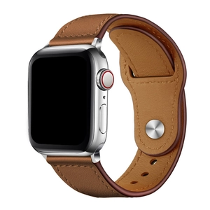 Brown leather magnetic strap for Apple Watch with silver metal case and side crown detail