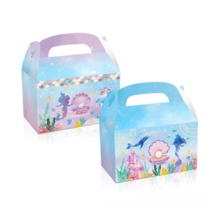 Detail of mermaid and shell theme gift boxes with nautical illustrations and sturdy handles