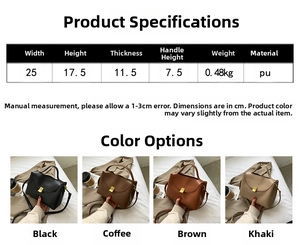 Detailed size chart showing dimensions and PU material for the stylish crossbody bag