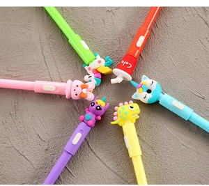 Top view of creative cartoon luminous pens with unicorn and rabbit shapes in 6 colors