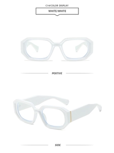 Detail view of white geometric square sunglasses frames with C14 model marking