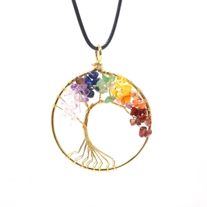 Detail showing handcrafted tree of life pendant with colorful natural stone crystals