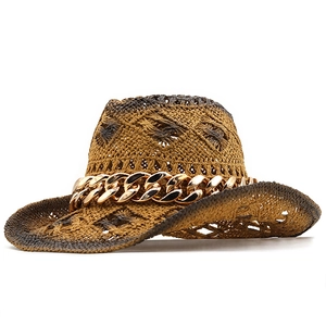 Hollow straw cowboy hat with gold chain and gradient brown finish on white background