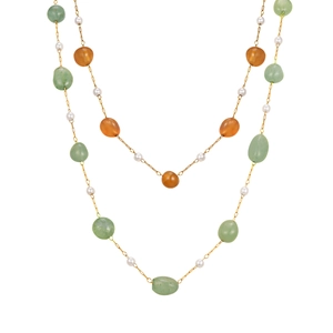 Double-layered gold necklace featuring amber stones and pearls on white background