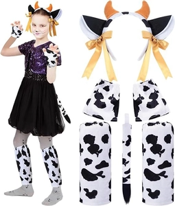Detailed view of children's cow costume accessories including headband, tail and gloves