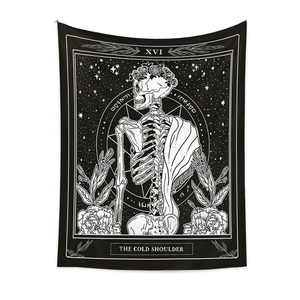 Bohemian black and white tarot skull tapestry with XVI flower crown design for room decor