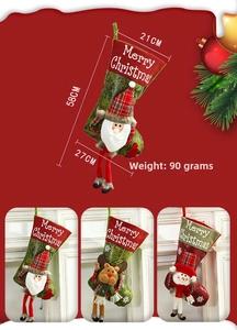 Detailed size specifications for large Santa, Reindeer, and Snowman Christmas stockings