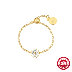 Adjustable S925 sterling silver gold ring with heart-shaped cubic zirconia flower charm