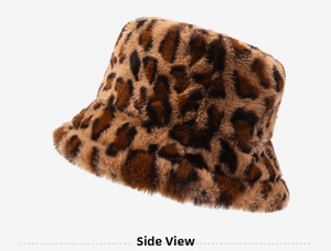 Side view of winter faux fur bucket hat featuring a classic brown leopard print texture