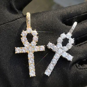 Hip Hop Ankh Cross Pendant Necklace Copper 18K Gold Plated AAAAA Zircon Iced Out Jewelry For Men With Rope Chain
