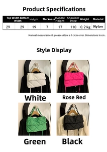 Detailed size chart and specifications for quilted nylon crossbody bags in four colors