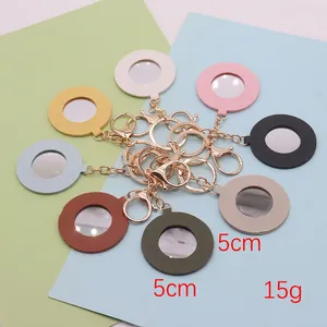 5cm round PU leather heart mirror keychain charms in various colors with lobster clasp