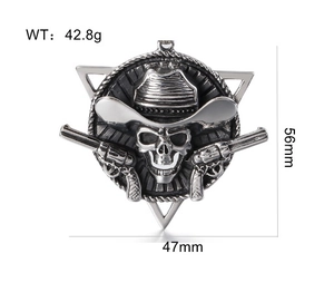 Detailed view of punk cowboy skull pendant with dual pistols and star background