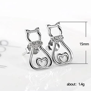 Hollow cat stud earrings with sparkling zircons in silver finish, height 15mm, weight 1.4g