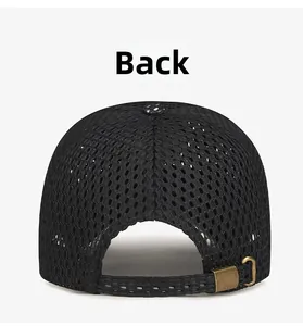 Detail of black mesh baseball cap back with adjustable bronze metal buckle strap