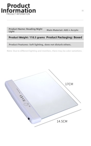 Detailed dimensions and specifications of the flat panel night reading lamp with ABS frame