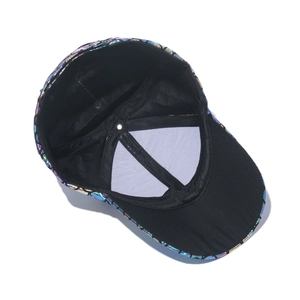 Close-up of internal structure and fish scale texture on the iridescent baseball cap
