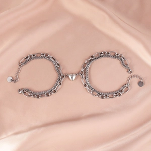 Double Layer Stainless Steel And Alloy Magnetic Heart Pendant Bracelet For Couples Lovers Minimalist Geometric Jewelry