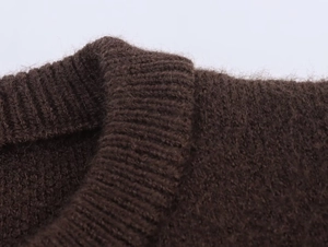 Macro detail of deep brown ribbed knit collar showing soft mohair wool texture