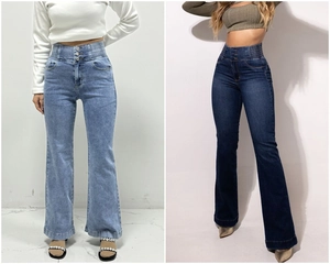 Détail du jean évasé à taille haute avec fermeture à trois boutons et taille élastique