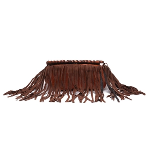 Close-up of brown suede shoulder bag featuring long fringe and woven leather trim