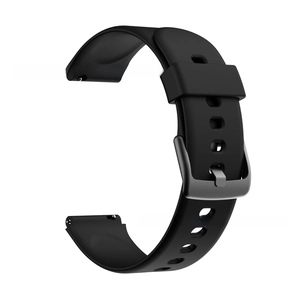 Detail of black 19mm silicone watch band with quick release pins and matte grey metal buckle
