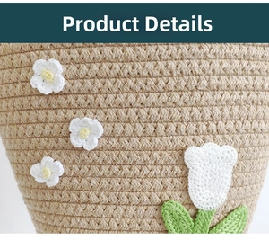 Detailed macro view of handmade woven bag with white crochet flowers and green leaf patterns