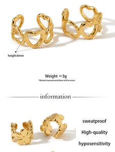 Detail of 6mm heart and flower 316 stainless steel ear cuffs with gold finish