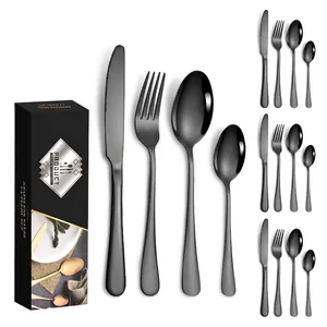 Detail of 16-piece black stainless steel cutlery set with elegant presentation gift box