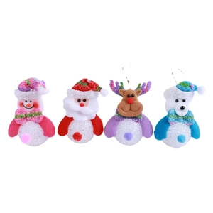Christmas LED ornament set featuring Santa Snowman Elk and Bear with sequins and gold cords