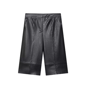 Women Black Faux Leather Shorts High Waisted Wide Leg Knee Length Bermuda Casual Chic Soft PU Leather Pant For Ladies