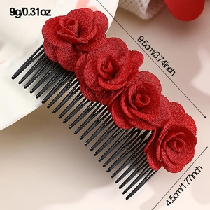 Detail view of red fabric rose hair comb showing dimensions 9.5cm and weight 9g