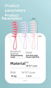 Detailed size specifications for wide-tooth styling combs in multiple pastel colors