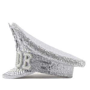 Detailed side view of silver sequin captain hat with white pearls and Bride lettering