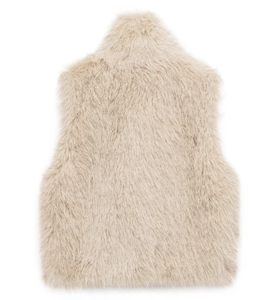 Back view of a fluffy beige faux fox fur vest showing the long hair plush texture