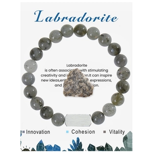 Macro shot of labradorite beaded bracelet with grey-green sheen and raw gemstone