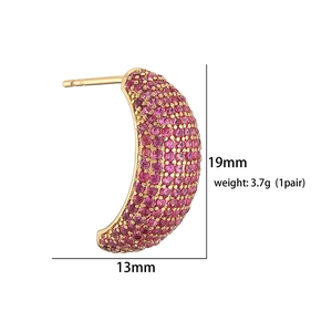 Fashion C-shape crescent stud earrings with colorful cubic zirconia and dimensions
