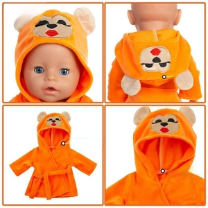 Detailed views of orange monkey fleece bathrobe for 18 inch dolls with sewing details