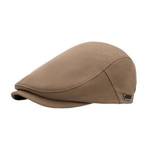 Classic khaki ivy cap with thick knit texture and side metal detail on white background