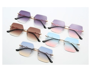 Detail view of rimless square sunglasses in five gradient colors with metal temples