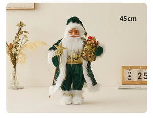 Close-up of 45cm Santa Claus ornament with green velvet, sequins and fur texture details