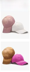 Detail showing distressed cotton baseball caps in pink, white, khaki, and rose red colors
