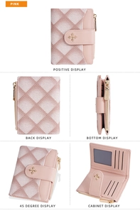 Pink quilted short wallet for women featuring multiple views of card slots and gold hardware