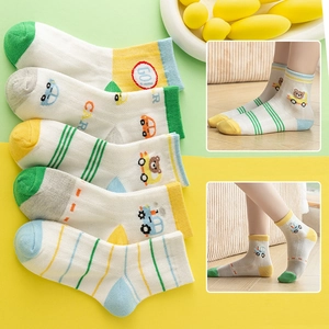 Breathable summer mesh socks for kids with 5-pack cartoon bear and car patterns