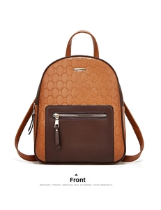 Front view of vintage two-tone backpack with caramel textured pattern and brown details